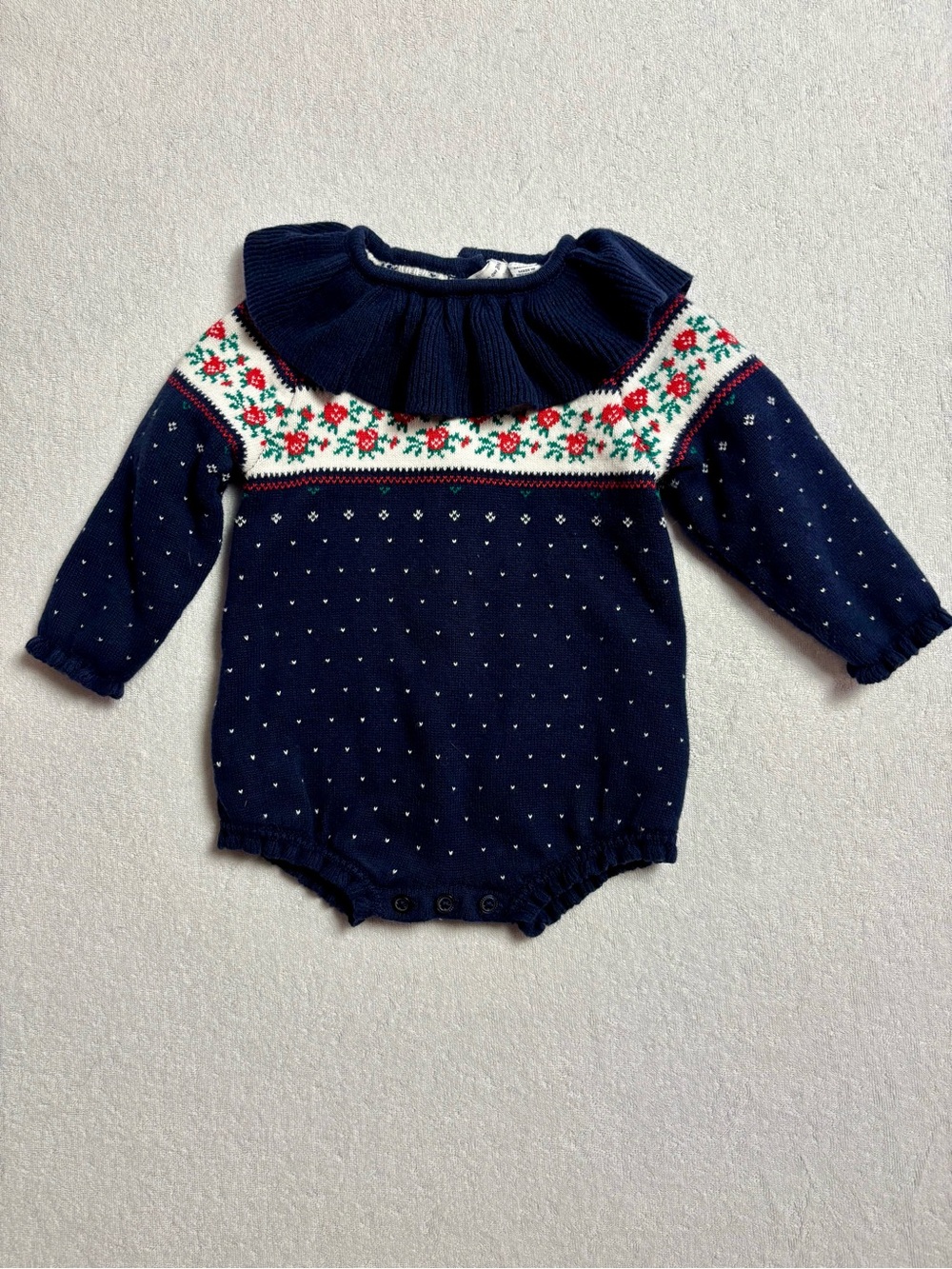 Janie and Jack Knit navy-blue  Holiday Sweater Romper with ruffle collar, NWOT